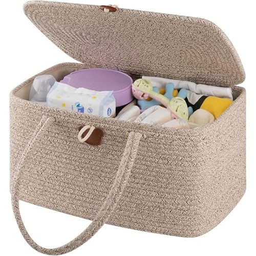 OIAHOMY Large Diaper Caddy Organizer for Baby, Portable Baby Basket with Handles, Gift Basket for Newborn, Diaper storage Organizer for Changing Table and Car- Brown