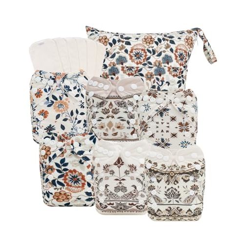babygoal Boho Newborn Cloth Diapers Pack of 13 for 5-12lbs Preemie, Cloth Diaper Covers 6 Pack with 6pcs Inserts and Wet Bag, Reusable Washable & Waterproof, 6SFG49-SMB-B