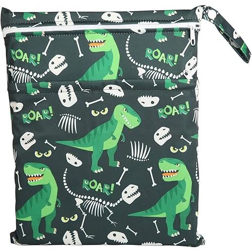 Wet Bag Baby Cloth Diaper Nappy Bag Reusable With Two Zippered Pockets Boys (Green Dinosaur)