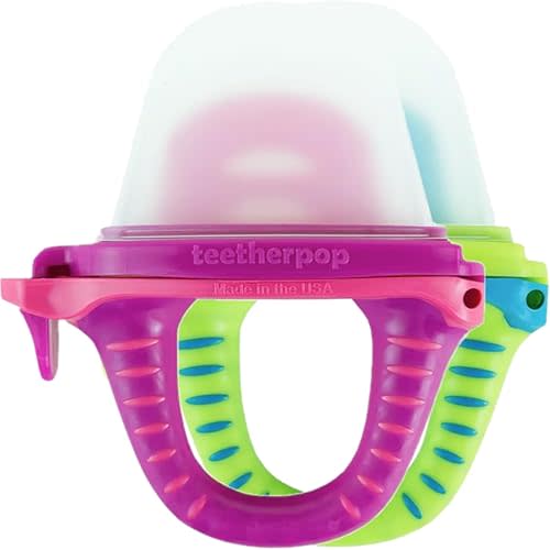 Teetherpop Fillable Silicone Teether for Babies (2-Pack) – Breastmilk Popsicle Molds for Teething w/Spill-Proof Sippy Slits – Freezable Baby Teethers for Liquids & Purées (Fuchsia/LimonTeal)