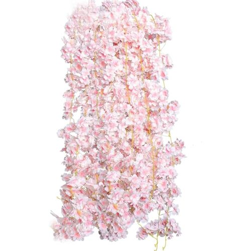 4pcs 23.6 ft Artificial Cherry Blossoms Garland Pink Fake Vines Hanging Silk Cherry Blossom Sakura Vine for Outdoor Wedding Party Home Decor