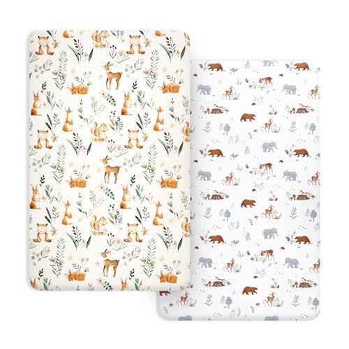 PHF Soft Mini Crib Sheet Set, 2 Pack Silky Comfy Pack N Play Sheets for Boys Girls, Universal Fit for Pack N Play, Playard and Mini Crib Mattresses, Woodland