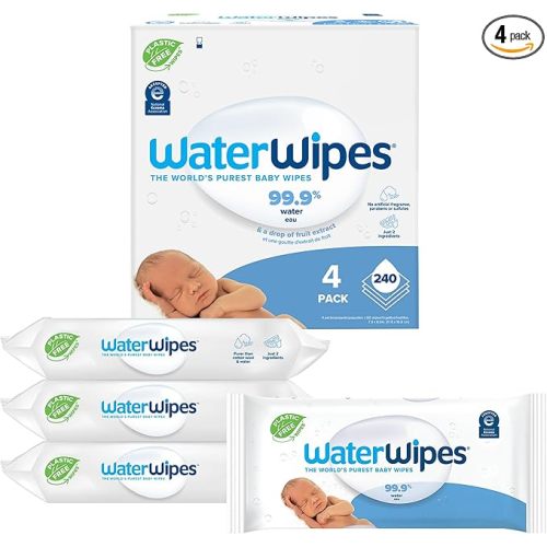 WaterWipes Plastic-Free Original Baby Wipes, 99.9% Water Based Wipes, Unscented & Hypoallergenic for Sensitive Skin, 240 Count (4 packs), Packaging May Vary