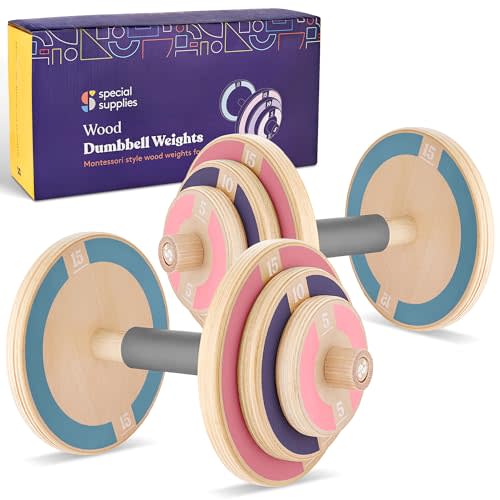 Special Supplies Kids Wooden Workout Play Weights Set - Adjustable Dumbbells Set for Home Gym Equipment, Exercise Workout Set for School or Home Fitness Activities, Pastel Colors (Set of 2 Dumbbells)