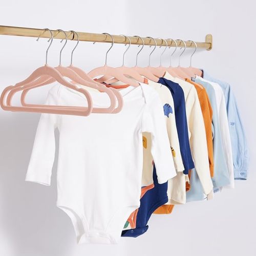 Amazon Basics Kids Velvet, Non-Slip Clothes Hangers for Infant and Toddler, 11.6 in (for baby clothes), Pack of 50, Blush