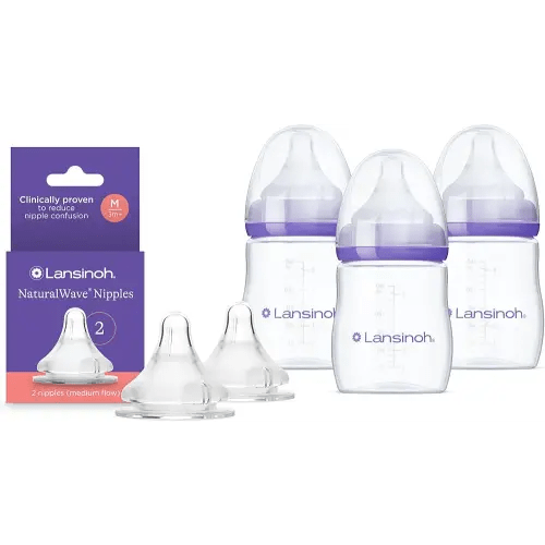 Lansinoh NaturalWave Medium Flow Nipples (2 ct) + 5 oz Anti-Colic Baby Bottles (3 ct) with Slow Flow Nipples, BPA-Free, Soft Silicone for Comfortable Feeding