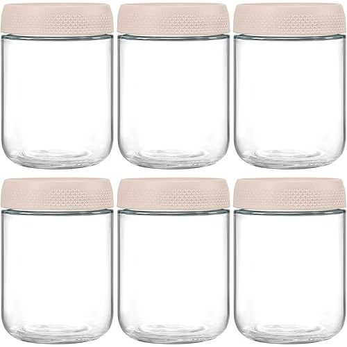 NETANY 6-pack 16oz Glass jars with Airtight Lids, Overnight Oats Containers with Lids, Wide mouth Mason Salad jars, Glass Food Storage Containers for Snacks Yogurt Spice Sugar-Beige