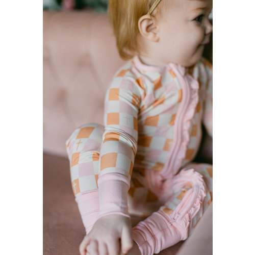 Pink Checkered Easter Cross Bamboo Ruffle Romper I Poppy Kids Co