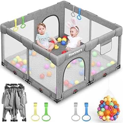 Foldable Playpen with Mat for Babies and Toddlers: 50" L x 50" W x 27" H, Large Kids Play Yard, Portable for Indoor and Outdoor Play Area, Baby Gate With 50PCS Ocean Ball, 4 Handles