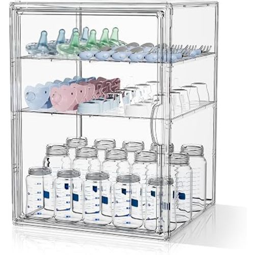 MSHOMEY Baby Bottle Storage Organizer for Countertop Cabinet 4 Tiers Clear Plastic Bottle Station Organizer with 3 Adjustable Divider, Baby Bottles Holder Rack for Rings, Nipples, Pump Parts, XXX-L