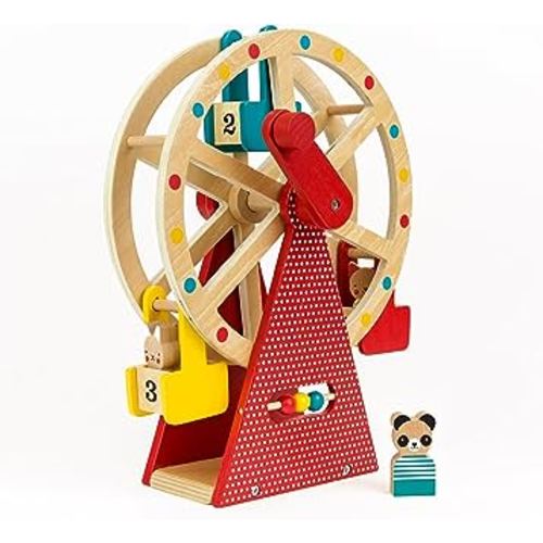 Petit Collage Ferris Wheel Carnival Wooden Toy, 2 Animal Characters Included – Pre-Assembled Wooden Ferris Wheel Toy with Sturdy Wood Construction, Non-Toxic and Safe for Kids, Ideal for Ages 3+
