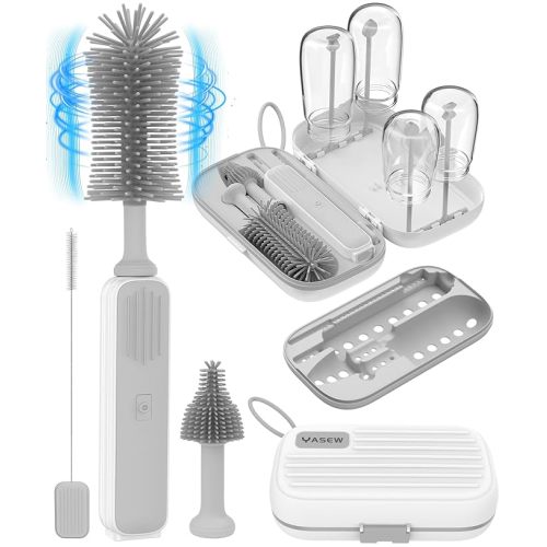 Electric Baby Bottle Brush Cleaner for Travel – BPA-Free Silicone, One-Button 360° Deep Cleaning, 2000mAh Rechargeable, Portable Bottle Cleaning Kit with Storage Box for Home & On-The-Go (Grey)