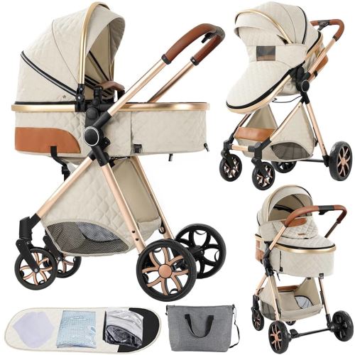 2 in 1 Baby Stroller Reversible Portable Standard Stroller Convertible Pushchair Infant Buggy Baby Carriage Foldable High Landscape Pram for Toddler Newborn (225 Creamy White)