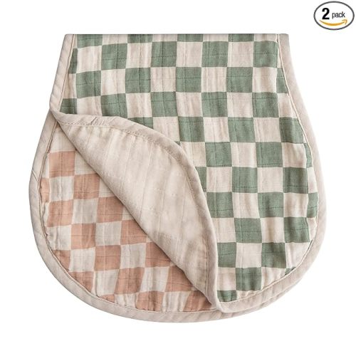 mushie Muslin Baby Burp Cloths | 100% Organic Cotton, Set of 2 (Olive Check/Natural Check)