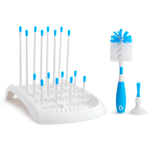 Munchkin® Baby Bottle and Sippy Cup Cleaning Set, Includes Fold™ Drying Rack and Bristle™ Bottle Brush, Blue