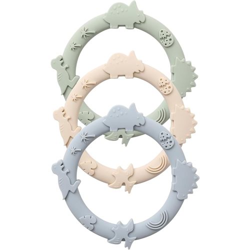 Silicone Teethers for Babies 0-6 6-12 Months Teething Toys for Infants Baby Chew Toys for Sucking Needs Baby Teething Rings for Infant Boys and Girls 3 Pack-Dinosaur-Baby Blue