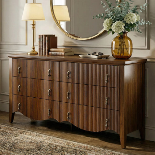 FUSUNBAO 6-drawer Double Dresser With Fluted Design, Vintage Wide Chest Of Drawers With Scalloped Base, Organic Modern Storage Cabinet For Bedroom, Walnut Finish | Wayfair