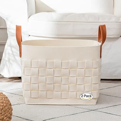 BOLDMONEKY Blankets Basket 15" x13 " x11 " 2 Pack, Large Rectangular Laundry Hamper with Leather Handle, Soft Dog Toy Basket for Storage-Beige