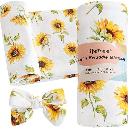 LifeTree Baby Muslin Swaddle Blankets for Boys & Girls, Newborn Swaddle Set with Matching Headband Bow, Infant Blanket Wrap, 47 x 47 inches, Sunflowers, 70% Viscose from Bamboo and 30% Cotton