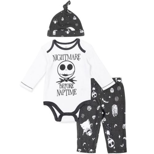 Disney Nightmare Before Christmas Zero Sally Jack Skellington Baby Bodysuit Pants and Hat 3 Piece Outfit Set Newborn to Infant