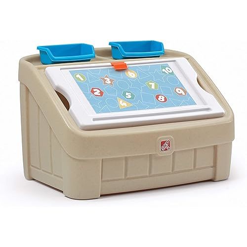 Step2 2-in-1 Toy Box & Art Lid, Kids Toy Storage Bin & Organizer, Easel & Chest in One, Made of Durable Plastic, For Toddlers 2+ Years Old, Tan