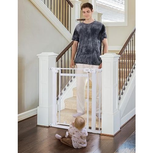 Babelio Clear Baby Gate, 29"-40" Door for doorways, Auto Close for Dog/Pet, Modern Acrylic, Elegance Meet Safety, Pressure Mounted for Child, White