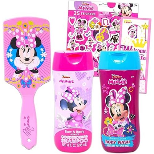 Disney Minnie Mouse Bath Bundle ~ 5 Pc Minnie Mouse Bathroom Set Including Minnie Shampoo, Minnie Body Wash, Minnie Paddle Brush, and More! (Minnie Mouse Bath Accessories)