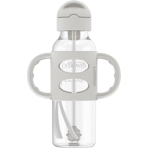 Dr. Brown's Milestones Narrow Sippy Straw Bottle, Spill-Proof with 100% Silicone Handles and Weighted Straw, 8 oz/250 mL, Gray, 6m+ - 1 Pack, Gray - 1 Count (Pack of 1)