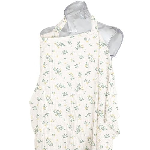 Konssy Muslin Nursing Cover for Baby Breastfeeding, Breathable 100% Cotton Breastfeeding Cover with Rigid Hoop for Mother Nursing Apron, Multi-use Carseat Canopy (Leafy)