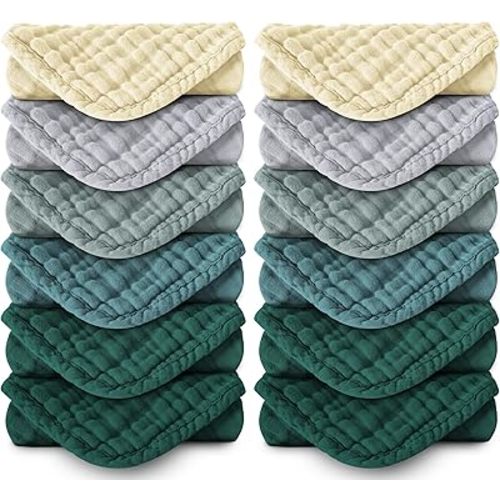 Muslin Burp Cloths 100% Cotton Large 20''x10'' Extra Soft and Absorbent Baby Wash Cloths Spit Up Rags - Baby Burping Cloth for Boys Girls Items(12 Pack Ivory, Slate and Emerald Series)