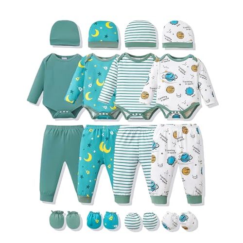 NZRVAWS Newborn Baby Boy Girl Clothes Unisex Infant Romper Pants Set Hat 4-Pack Outfits 0-12 Months 16 Pieces Toddler
