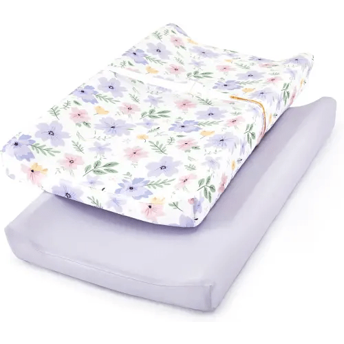 TILLYOU Changing Pad Cover Girl Set in Soft Jersey Material - Fits 32"/34''x16 Contoured Pad for Babies, Brilliant Little Flowers and Purple
