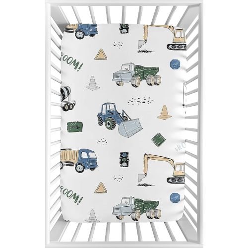 Sweet Jojo Designs Construction Truck Boy Fitted Mini Crib Sheet Baby Nursery for Portable Crib or Pack and Play - Grey Yellow Black Blue and Green Transportation