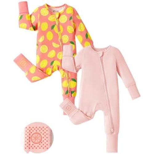 PATPAT Baby Footie Romper, Viscose from Bamboo, Long Sleeve, 2-Way Zipper, Fold-Over Mittens, Cuffs & Anti-Slip Grips