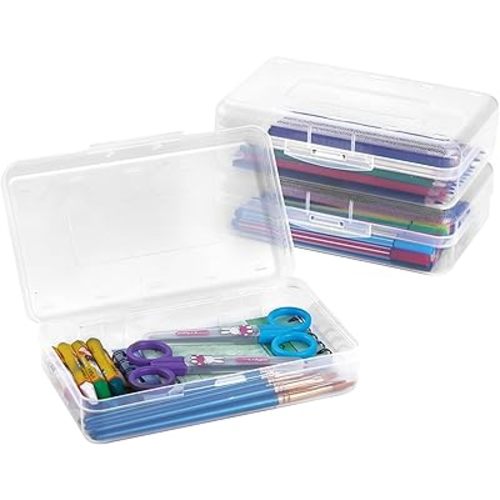Sooez 3 Pack Pencil Case, Large Hard Pencil Box Bulk, Clear Crayon Box Marker Pen Organizer, Plastic Storage Container with Snap Lid, Stackable Art Craft Organizer Back to School Supplies, Clear