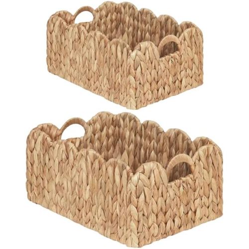 Scalloped Wicker Basket, Set of 2 Woven Rattan Natural Water Hyacinth Baskets with Built-in Handles, Rectangle Storage Baskets for Organizing, Decor, Shelf and Nursery Room