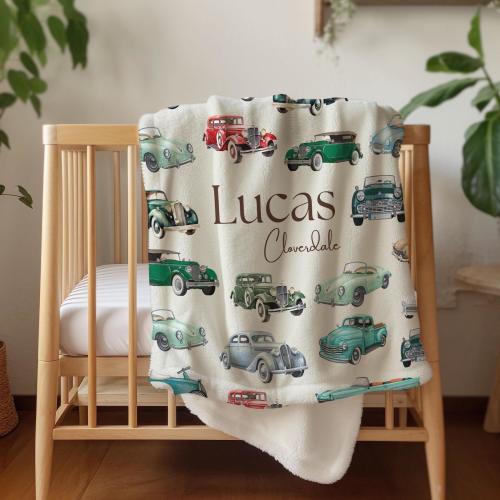 Vintage Cars Nursery Decor Personalized Baby Boy Blanket Vehicle Baby Gift Cars Birthday Gift Vehicle Dad Gift from Kid Custom Name Blanket