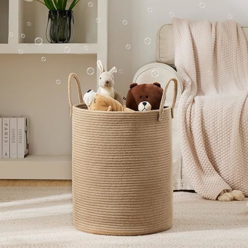 Jute Rope Laundry Hamper Basket by YOUDENOVA, 58L Tall Laundry Basket, Baby Nursery Hamper for Blanket Storage, Clothes Hamper for Laundry in Bedroom-Large-Jute - Tall (58L ) - Jute Brown