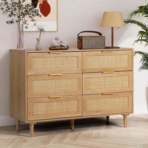 "LAZZO 6 Drawer Dresser, Natural Rattan Wood, 43.3"" Wide Storage Cabinet for Bedroom"