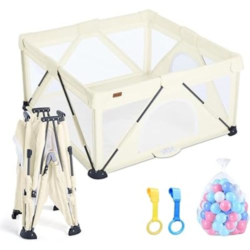 Baby Playpen Foldable, Playard for Babies and Toddlers, Portable Playpen Activity Center with 50 Balls+2 Handles for Travel, Indoor & Outdoor Play Pen with Mesh 50''x50''