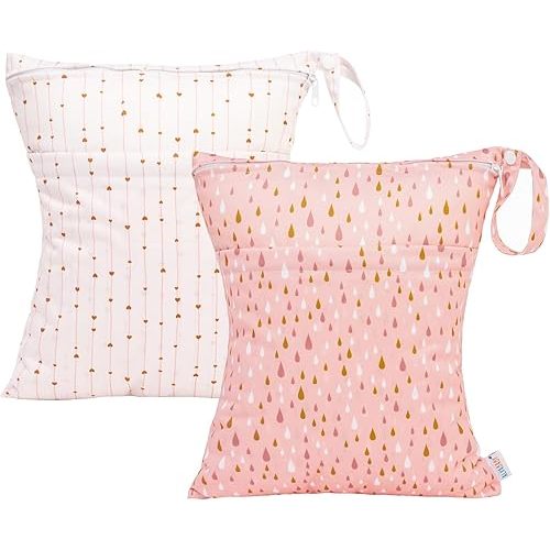 ALVABABY 2pcs Cloth Diaper Wet Dry Bags Waterproof Reusable with Two Zippered Pockets Travel Beach Pool Daycare Soiled Baby Items Yoga Gym Bag for Swimsuits or Wet Clothes L-YX130131
