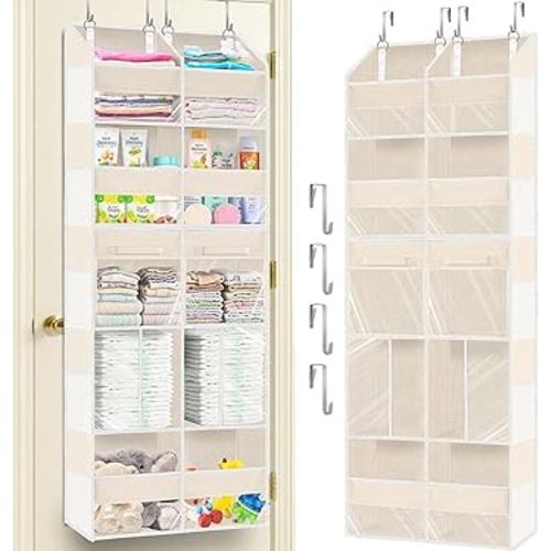 Over the Door Organizer 5 Tiers with Removable Drawers, Extra Large Door Storage of 6 Compartments & 2 Diaper Storage, Double-Column Clear Window Door Hanging Organizer for Nursery, Closet, Pantry