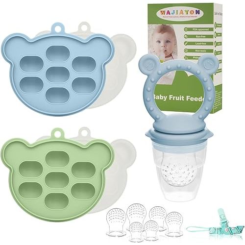 WAJIAYON Baby Breastmilk Popsicle Molds & Baby Fruit Feeder, Infant Food Freezer Tray Storage Containers, Silicone Teething Pacifier Feeder and Teether for Babies,Shower Gifts for Boys and Girls-Blue