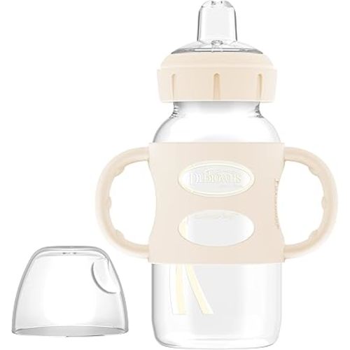 Dr. Brown's Milestones Wide-Neck Sippy Spout Bottle with 100% Silicone Handles, Easy-Grip Handles with Soft Sippy Spout, 9oz/270mL, Ecru, 1-Pack, 6m+