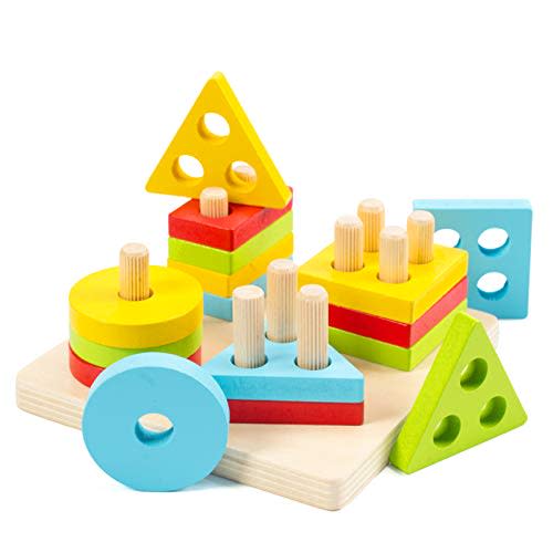 Wooden Sorting & Stacking Toys for Toddlers, WOOD CITY Educational Shape Color Recognition Puzzle Stacker, Early Childhood Development Puzzle Toys for 1 2 3 Year Old Boys Girls (4 Shapes)