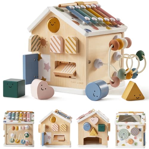 Tiny Land 9-in-1 Wooden Activity Cube, Montessori Baby Activity Center for 1+ Year Old, Educational Toy for Toddlers, Ideal Gift for Boys and Girls (Morandi)