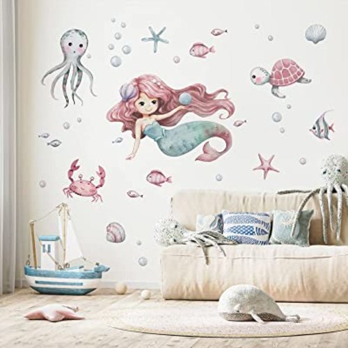 Mfault Mermaid Under The Sea Wall Decals Stickers, Baby Girls Ocean Creatures Nursery Decoration Bedroom Playroom Art, Coastal Beach Octopus Turtles Shell Bubble Fish Kids Room Bathroom Home Decor