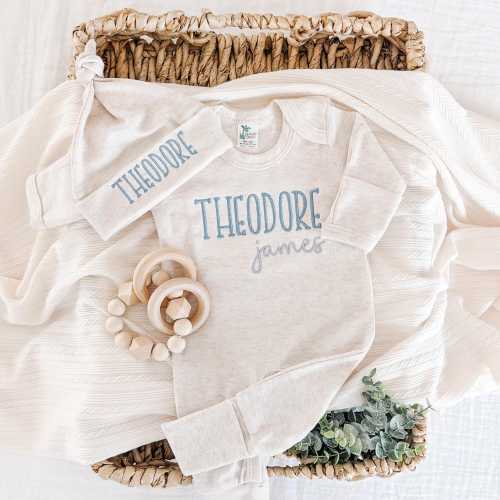 Personalized Newborn Baby Boy Coming Home Outfit, Custom Baby Romper with Hat Set, Gift for Baby Boy, Neutral Embroidered Outfit for Infant