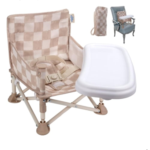 Tiny Marvels Portable 3-in-1 Baby Booster Seat, Cozy Floor Seat, Feeding Seat with Tray, Compact Foldable Toddler Booster with Child Safety Belt Carry Bag, Perfect for Travel (Sand Checker)