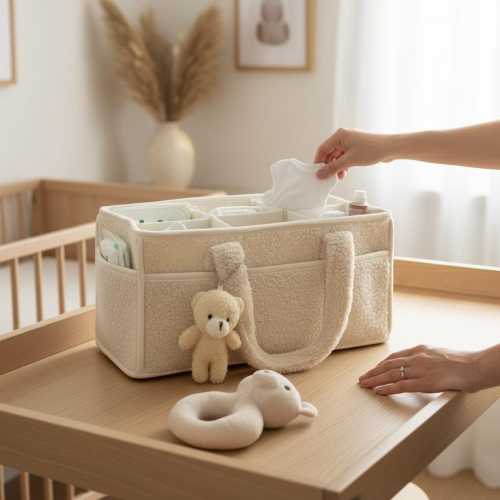 Cozy Caddy Bag Plush Organizer with Bear Diaper Stackers & Newborn Baby Diaper Bag Organizer Travel Bag